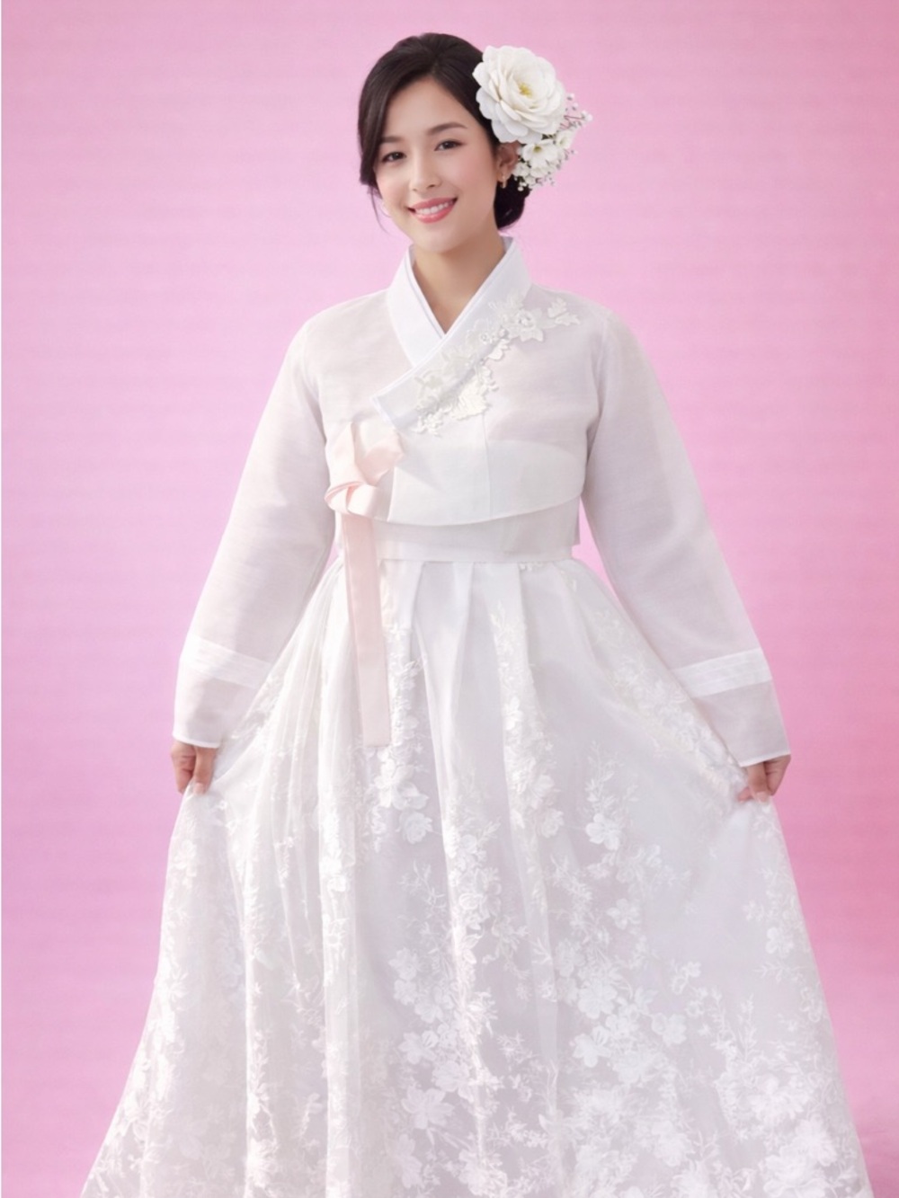 NWT Elegant White Traditional flower lace Hanbok Dress and jeogori jacket size M